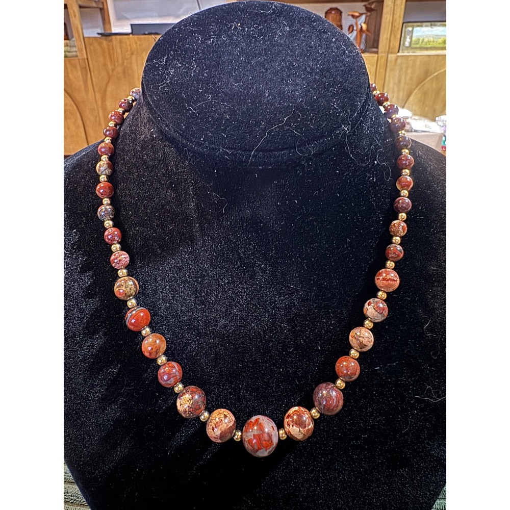 Red‎ Stone Jasper Beaded Necklace Gold Accents Boho Handmade Women's Jewelry